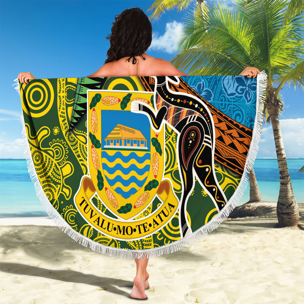 Tuvalu and Australia Together Beach Blanket Tapa Pattern and Aboriginal mix Culture