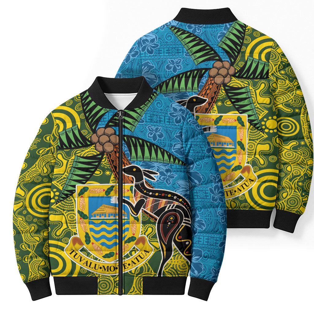 Tuvalu and Australia Together Bomber Puffer Jacket Tapa Pattern and Aboriginal mix Culture
