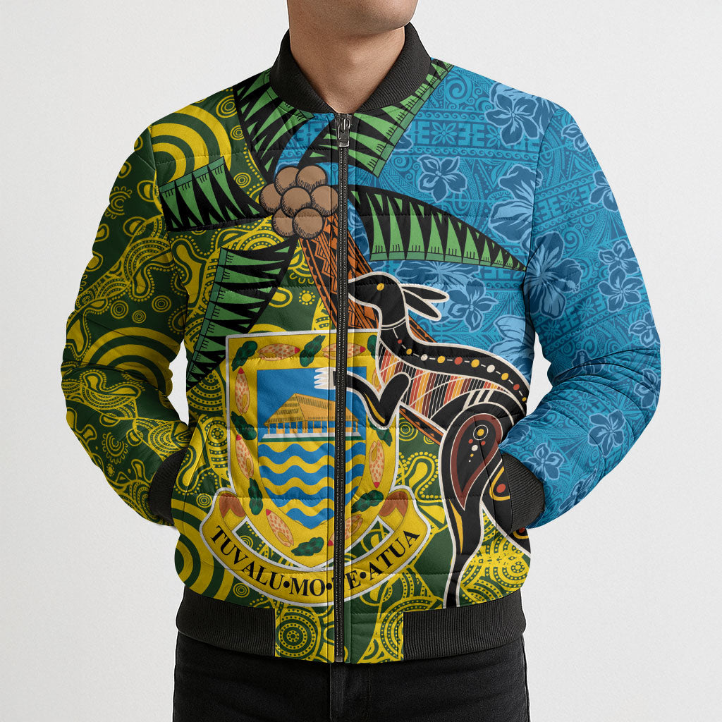 Tuvalu and Australia Together Bomber Puffer Jacket Tapa Pattern and Aboriginal mix Culture