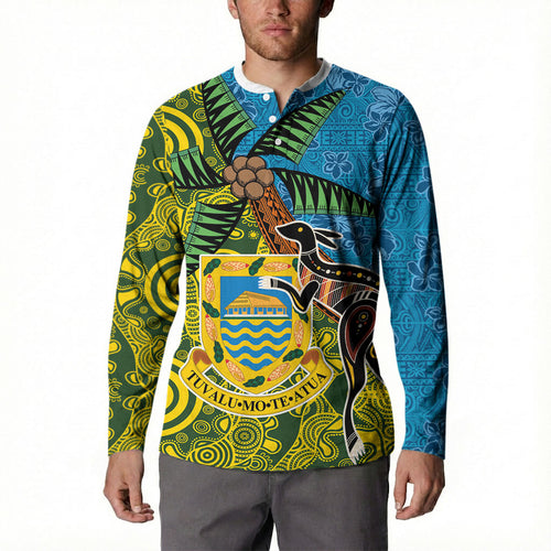 Tuvalu and Australia Together Button Sweatshirt Tapa Pattern and Aboriginal mix Culture