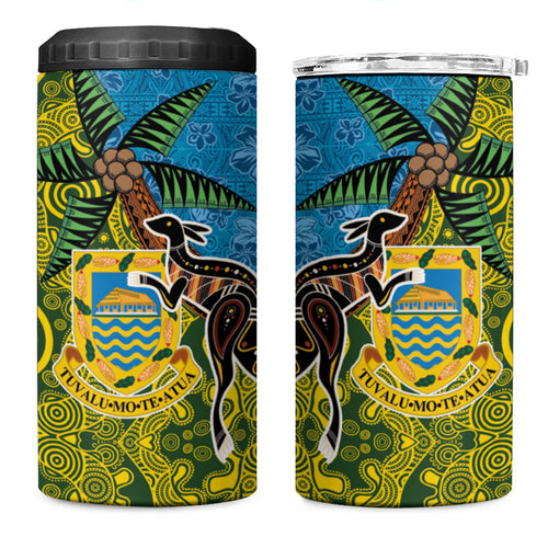 Tuvalu and Australia Together 4 in 1 Can Cooler Tumbler Tapa Pattern and Aboriginal mix Culture
