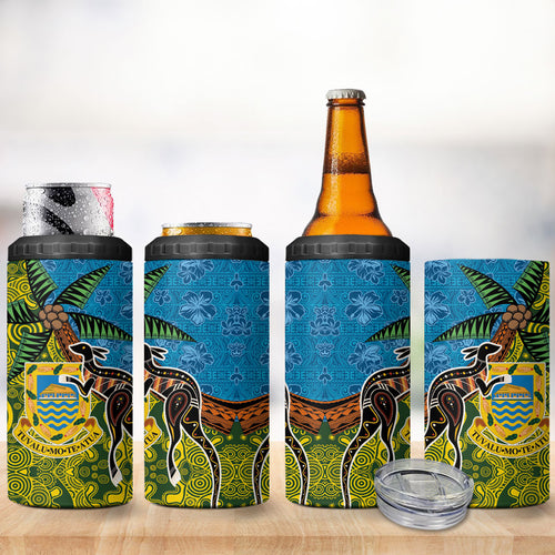Tuvalu and Australia Together 4 in 1 Can Cooler Tumbler Tapa Pattern and Aboriginal mix Culture