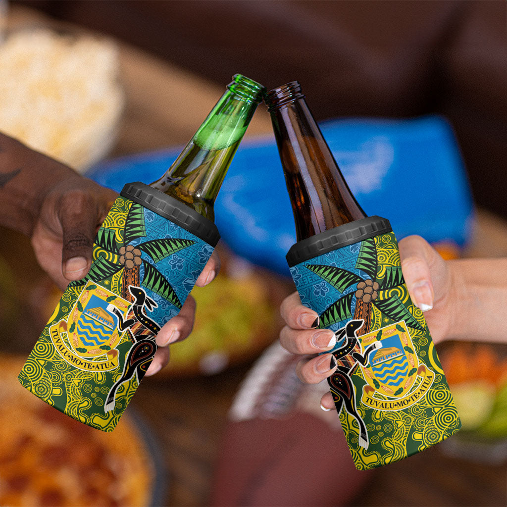 Tuvalu and Australia Together 4 in 1 Can Cooler Tumbler Tapa Pattern and Aboriginal mix Culture