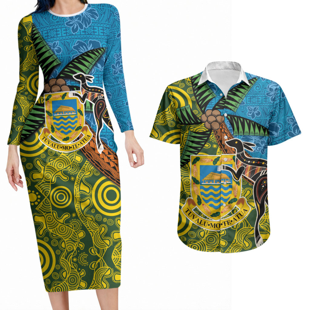 Tuvalu and Australia Together Couples Matching Long Sleeve Bodycon Dress and Hawaiian Shirt Tapa Pattern and Aboriginal mix Culture