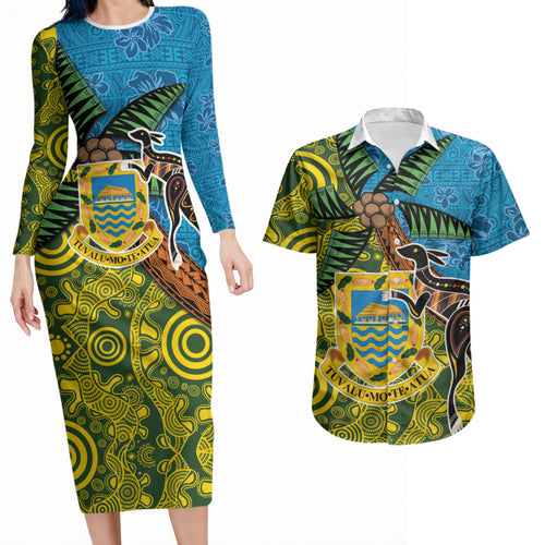 Tuvalu and Australia Together Couples Matching Long Sleeve Bodycon Dress and Hawaiian Shirt Tapa Pattern and Aboriginal mix Culture