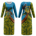 Tuvalu and Australia Together Couples Matching Long Sleeve Bodycon Dress and Hawaiian Shirt Tapa Pattern and Aboriginal mix Culture