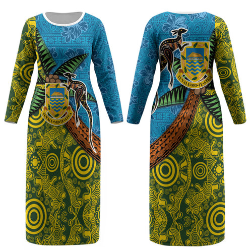 Tuvalu and Australia Together Couples Matching Long Sleeve Bodycon Dress and Hawaiian Shirt Tapa Pattern and Aboriginal mix Culture
