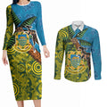 Tuvalu and Australia Together Couples Matching Long Sleeve Bodycon Dress and Long Sleeve Button Shirt Tapa Pattern and Aboriginal mix Culture