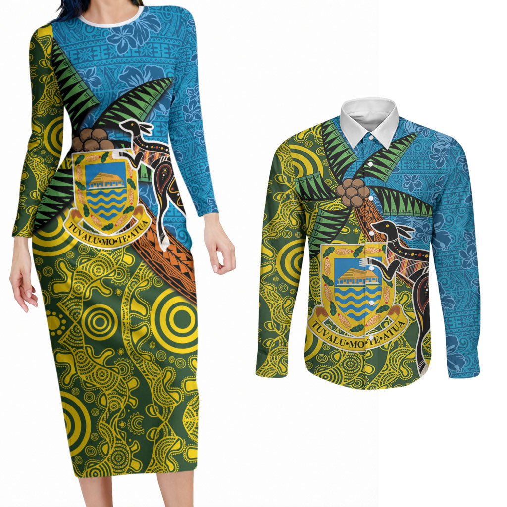 Tuvalu and Australia Together Couples Matching Long Sleeve Bodycon Dress and Long Sleeve Button Shirt Tapa Pattern and Aboriginal mix Culture