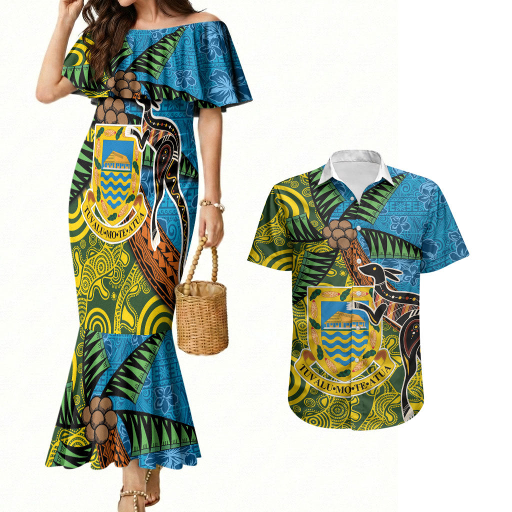 Tuvalu and Australia Together Couples Matching Mermaid Dress and Hawaiian Shirt Tapa Pattern and Aboriginal mix Culture
