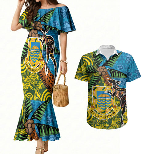 Tuvalu and Australia Together Couples Matching Mermaid Dress and Hawaiian Shirt Tapa Pattern and Aboriginal mix Culture