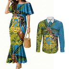 Tuvalu and Australia Together Couples Matching Mermaid Dress and Long Sleeve Button Shirt Tapa Pattern and Aboriginal mix Culture