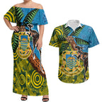 Tuvalu and Australia Together Couples Matching Off Shoulder Maxi Dress and Hawaiian Shirt Tapa Pattern and Aboriginal mix Culture