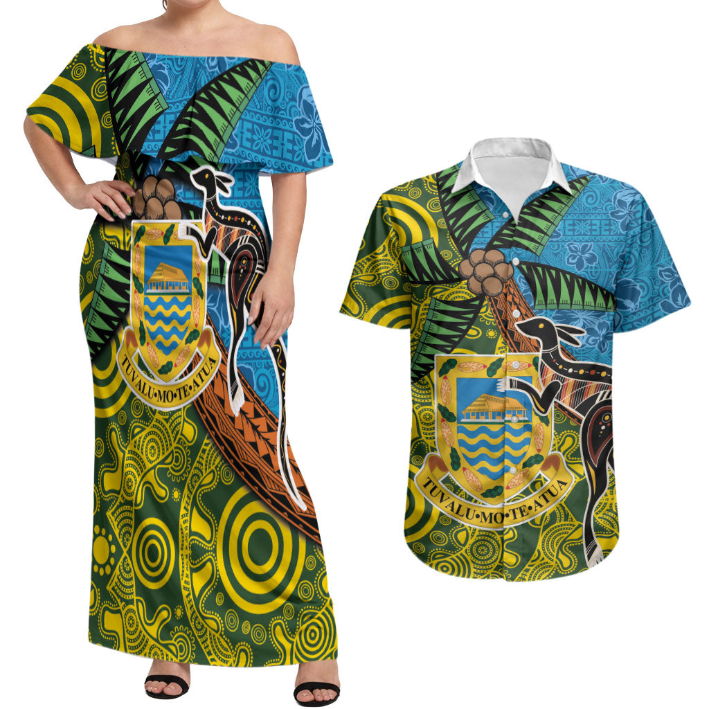 Tuvalu and Australia Together Couples Matching Off Shoulder Maxi Dress and Hawaiian Shirt Tapa Pattern and Aboriginal mix Culture