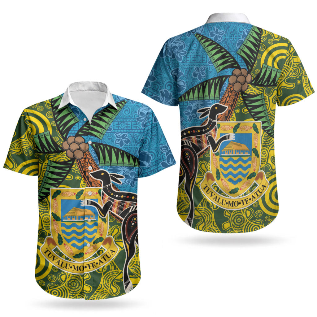 Tuvalu and Australia Together Couples Matching Off Shoulder Maxi Dress and Hawaiian Shirt Tapa Pattern and Aboriginal mix Culture