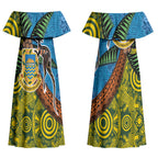 Tuvalu and Australia Together Couples Matching Off Shoulder Maxi Dress and Long Sleeve Button Shirt Tapa Pattern and Aboriginal mix Culture