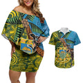 Tuvalu and Australia Together Couples Matching Off Shoulder Short Dress and Hawaiian Shirt Tapa Pattern and Aboriginal mix Culture