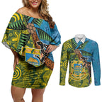 Tuvalu and Australia Together Couples Matching Off Shoulder Short Dress and Long Sleeve Button Shirt Tapa Pattern and Aboriginal mix Culture