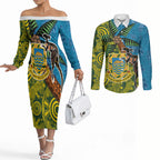 Tuvalu and Australia Together Couples Matching Off The Shoulder Long Sleeve Dress and Long Sleeve Button Shirt Tapa Pattern and Aboriginal mix Culture