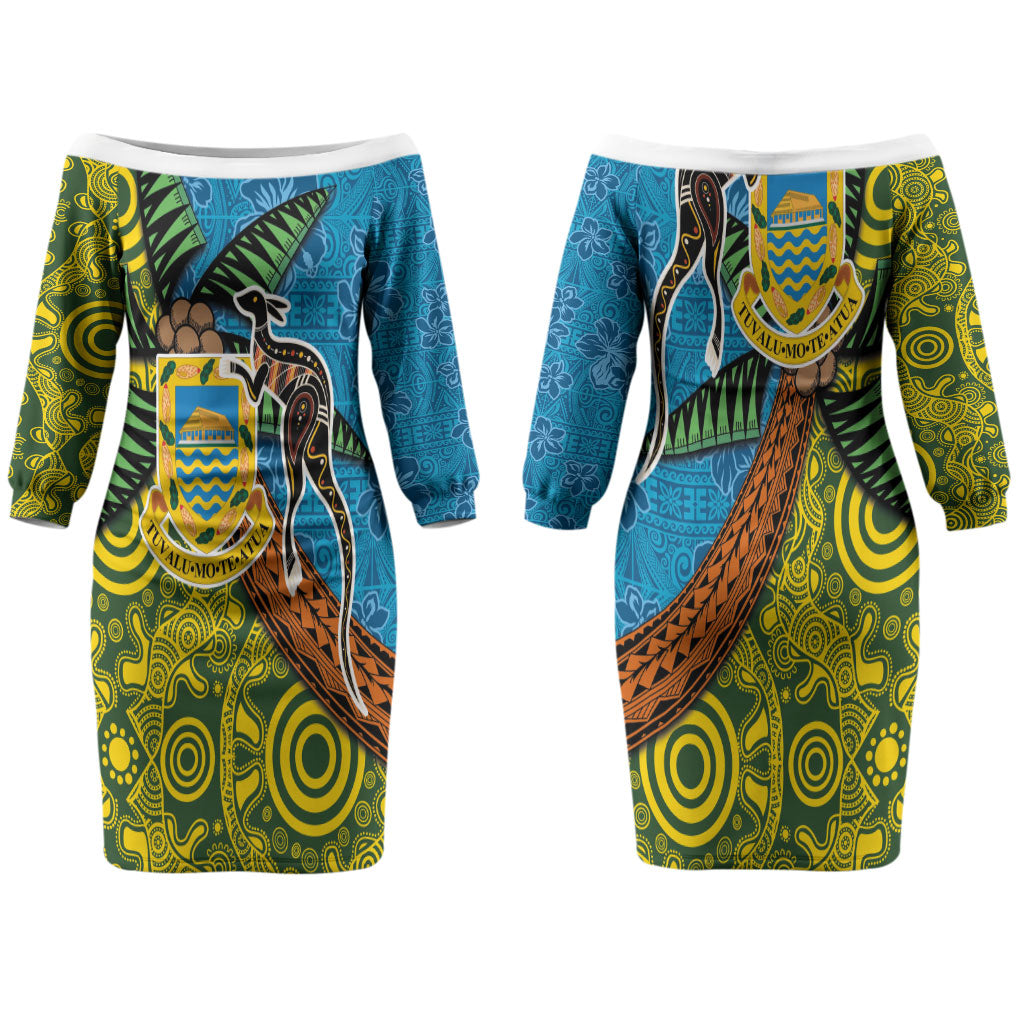 Tuvalu and Australia Together Couples Matching Off The Shoulder Long Sleeve Dress and Long Sleeve Button Shirt Tapa Pattern and Aboriginal mix Culture