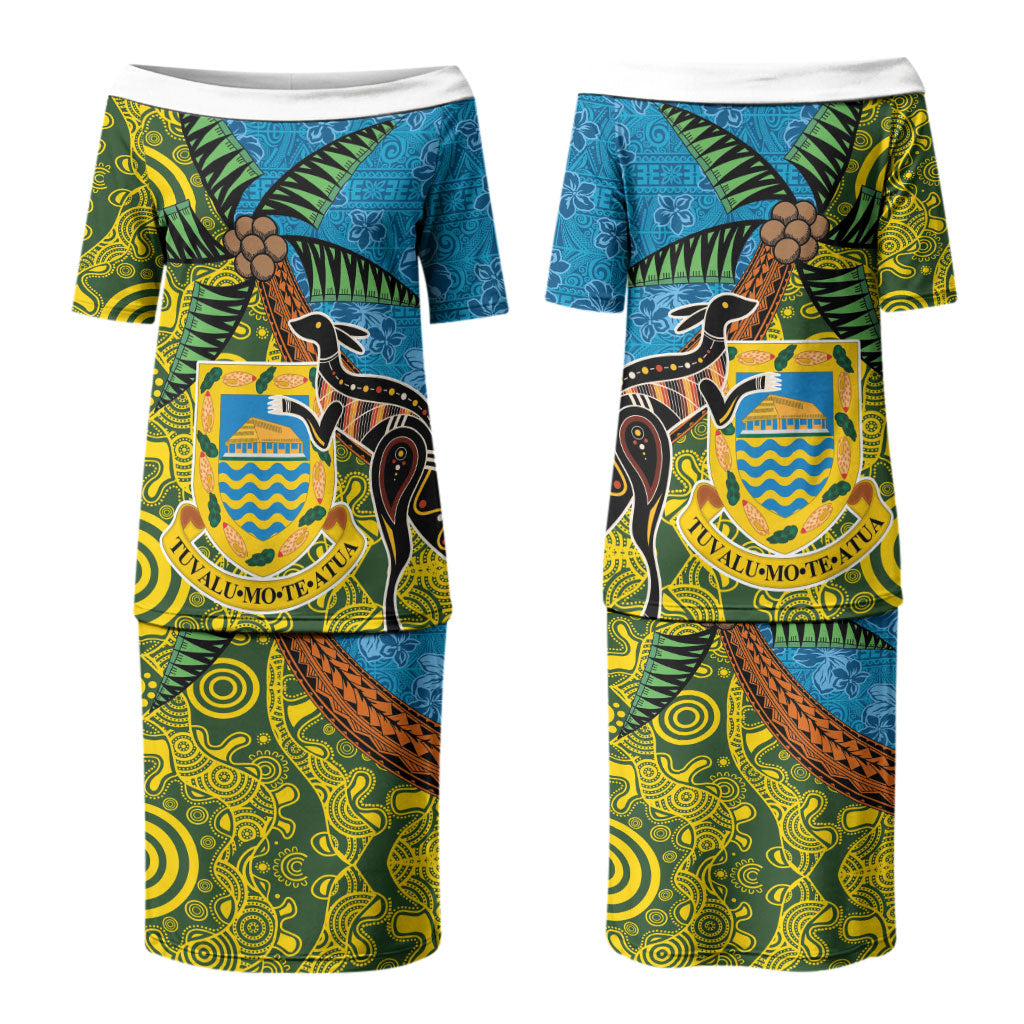 Tuvalu and Australia Together Couples Matching Puletasi and Long Sleeve Button Shirt Tapa Pattern and Aboriginal mix Culture
