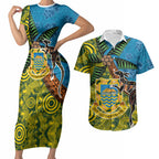 Tuvalu and Australia Together Couples Matching Short Sleeve Bodycon Dress and Hawaiian Shirt Tapa Pattern and Aboriginal mix Culture