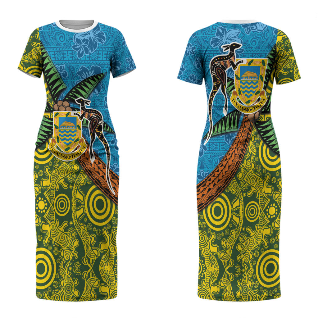 Tuvalu and Australia Together Couples Matching Short Sleeve Bodycon Dress and Hawaiian Shirt Tapa Pattern and Aboriginal mix Culture