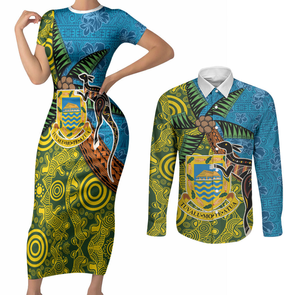 Tuvalu and Australia Together Couples Matching Short Sleeve Bodycon Dress and Long Sleeve Button Shirt Tapa Pattern and Aboriginal mix Culture