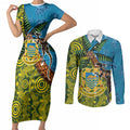 Tuvalu and Australia Together Couples Matching Short Sleeve Bodycon Dress and Long Sleeve Button Shirt Tapa Pattern and Aboriginal mix Culture
