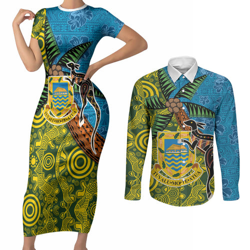 Tuvalu and Australia Together Couples Matching Short Sleeve Bodycon Dress and Long Sleeve Button Shirt Tapa Pattern and Aboriginal mix Culture