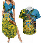 Tuvalu and Australia Together Couples Matching Summer Maxi Dress and Hawaiian Shirt Tapa Pattern and Aboriginal mix Culture