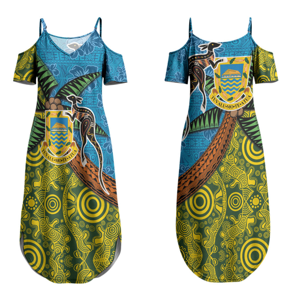 Tuvalu and Australia Together Couples Matching Summer Maxi Dress and Hawaiian Shirt Tapa Pattern and Aboriginal mix Culture