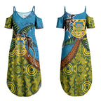Tuvalu and Australia Together Couples Matching Summer Maxi Dress and Long Sleeve Button Shirt Tapa Pattern and Aboriginal mix Culture