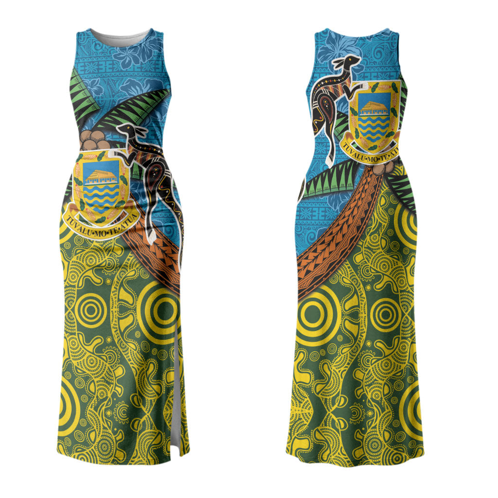 Tuvalu and Australia Together Couples Matching Tank Maxi Dress and Hawaiian Shirt Tapa Pattern and Aboriginal mix Culture