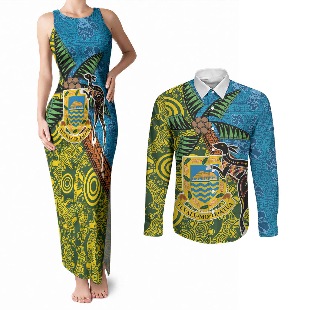 Tuvalu and Australia Together Couples Matching Tank Maxi Dress and Long Sleeve Button Shirt Tapa Pattern and Aboriginal mix Culture