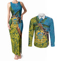 Tuvalu and Australia Together Couples Matching Tank Maxi Dress and Long Sleeve Button Shirt Tapa Pattern and Aboriginal mix Culture
