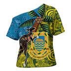 Tuvalu and Australia Together Cross Shoulder Shirt Tapa Pattern and Aboriginal mix Culture