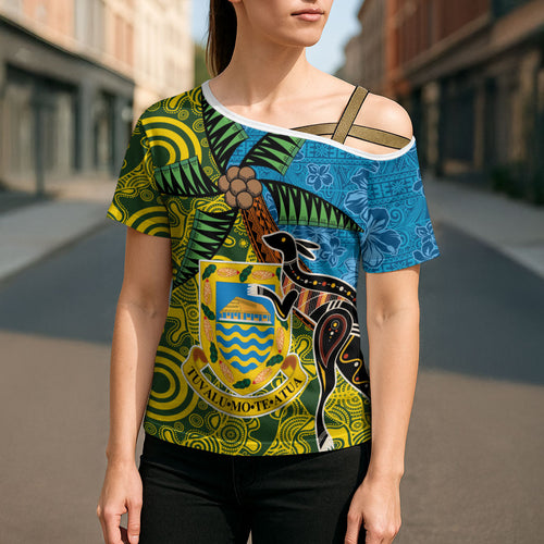 Tuvalu and Australia Together Cross Shoulder Shirt Tapa Pattern and Aboriginal mix Culture