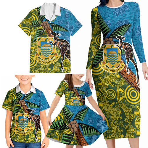 Tuvalu and Australia Together Family Matching Long Sleeve Bodycon Dress and Hawaiian Shirt Tapa Pattern and Aboriginal mix Culture