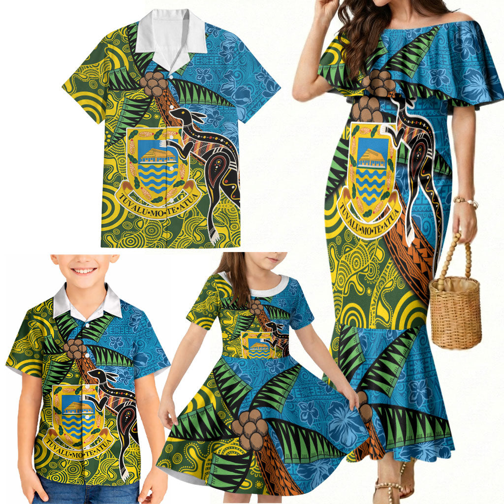 Tuvalu and Australia Together Family Matching Mermaid Dress and Hawaiian Shirt Tapa Pattern and Aboriginal mix Culture