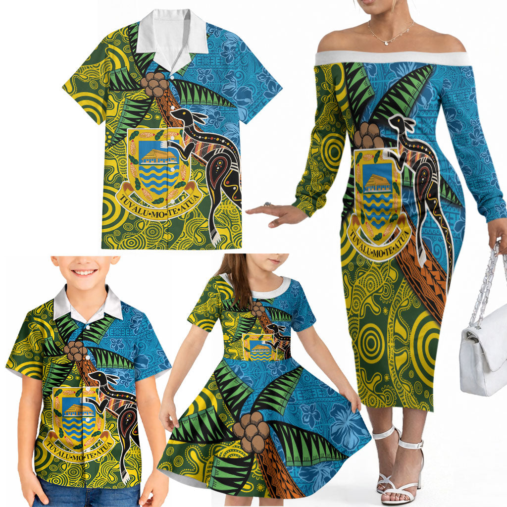 Tuvalu and Australia Together Family Matching Off The Shoulder Long Sleeve Dress and Hawaiian Shirt Tapa Pattern and Aboriginal mix Culture