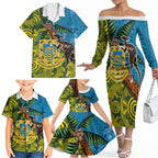 Tuvalu and Australia Together Family Matching Off The Shoulder Long Sleeve Dress and Hawaiian Shirt Tapa Pattern and Aboriginal mix Culture