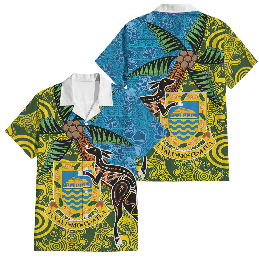 Tuvalu and Australia Together Family Matching Off The Shoulder Long Sleeve Dress and Hawaiian Shirt Tapa Pattern and Aboriginal mix Culture