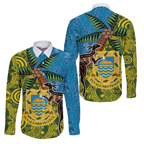 Tuvalu and Australia Together Family Matching Off The Shoulder Long Sleeve Dress and Hawaiian Shirt Tapa Pattern and Aboriginal mix Culture