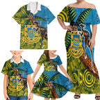 Tuvalu and Australia Together Family Matching Off Shoulder Maxi Dress and Hawaiian Shirt Tapa Pattern and Aboriginal mix Culture
