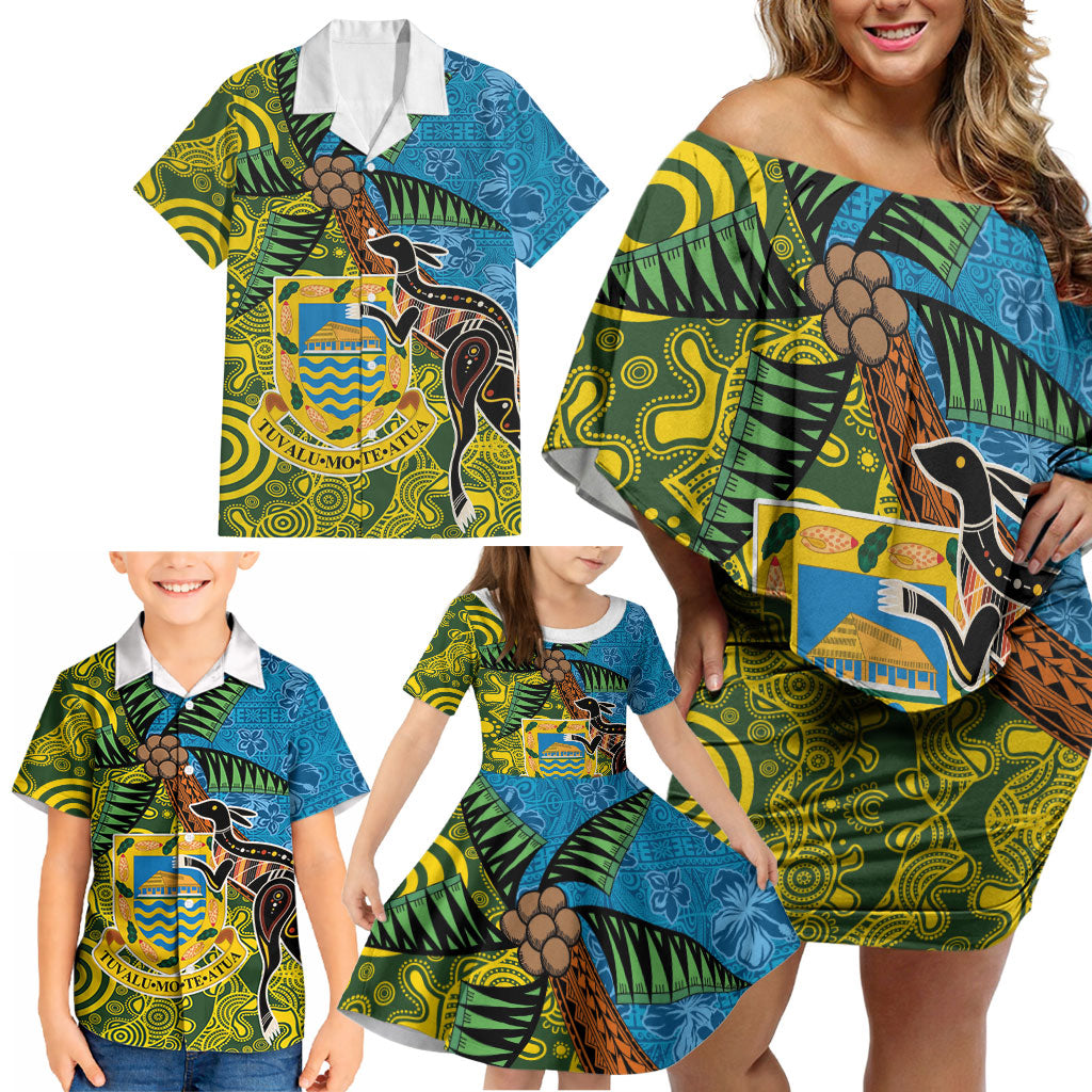 Tuvalu and Australia Together Family Matching Off Shoulder Short Dress and Hawaiian Shirt Tapa Pattern and Aboriginal mix Culture