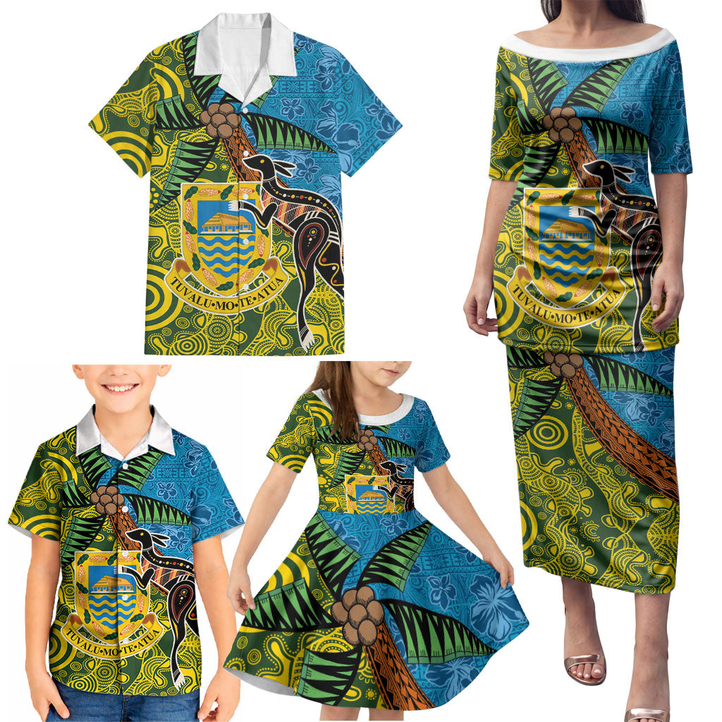 Tuvalu and Australia Together Family Matching Puletasi and Hawaiian Shirt Tapa Pattern and Aboriginal mix Culture
