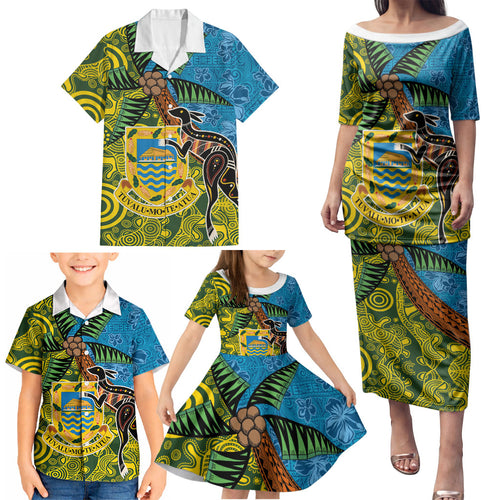 Tuvalu and Australia Together Family Matching Puletasi and Hawaiian Shirt Tapa Pattern and Aboriginal mix Culture