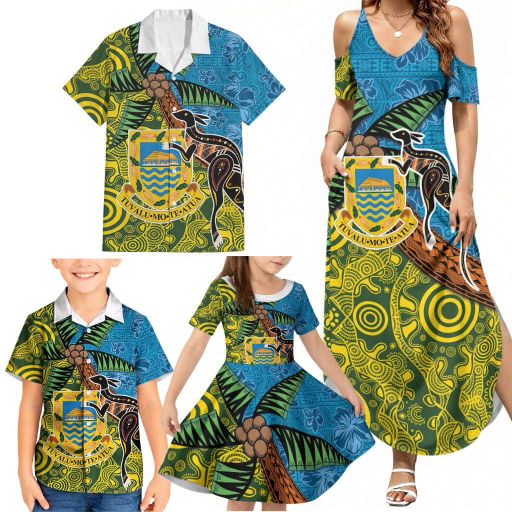 Tuvalu and Australia Together Family Matching Summer Maxi Dress and Hawaiian Shirt Tapa Pattern and Aboriginal mix Culture