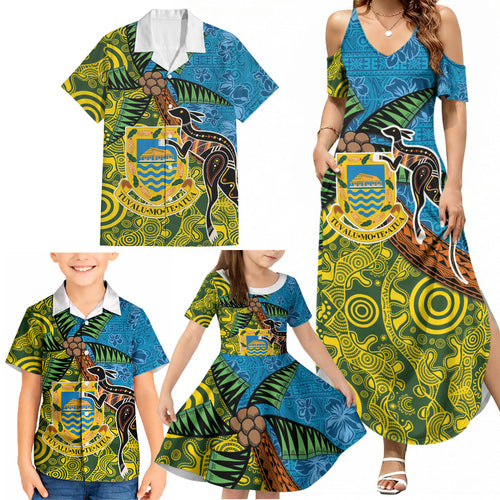 Tuvalu and Australia Together Family Matching Summer Maxi Dress and Hawaiian Shirt Tapa Pattern and Aboriginal mix Culture